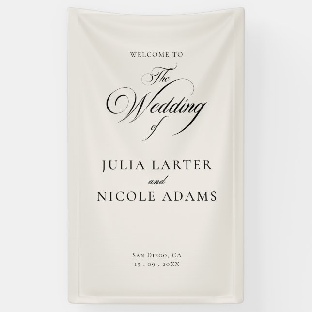 Classic Ivory Black Welcome Wedding Banner Sign (Vertical)