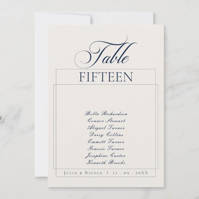 Classic Ivory Blue Calligraphy Name Table Number (Front)