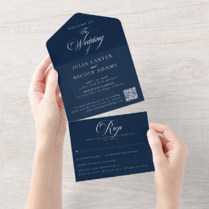 Classic Ivory Blue Calligraphy QR Code Wedding All In One Invitation