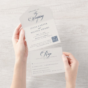 Classic Ivory Blue Wedding RSVP Details QR Code All In One Invitation