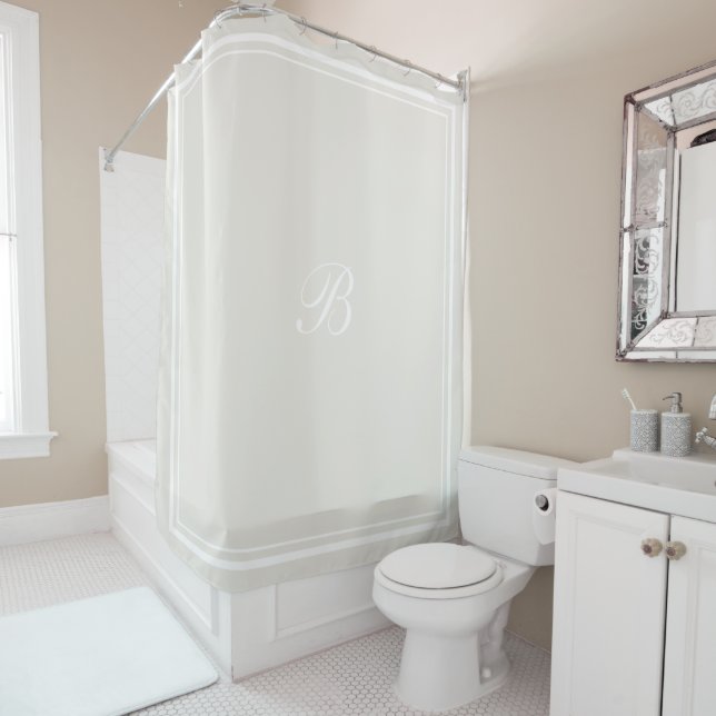 Classic Ivory Border Script Monogram Letter Shower Curtain (In Situ)