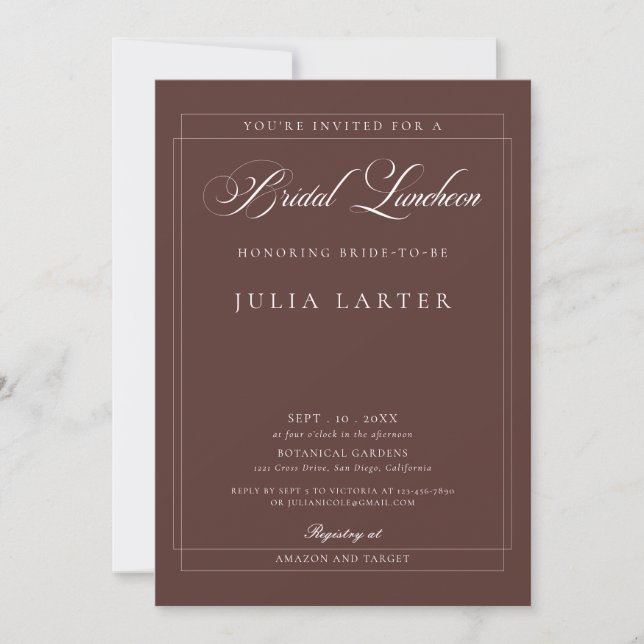 Classic Ivory Brown Calligraphy Bridal Luncheon Invitation (Front)