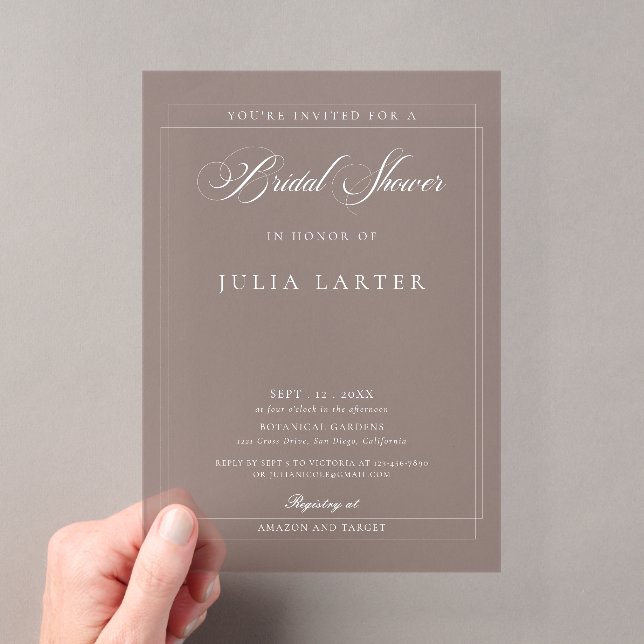 Classic Ivory Brown Calligraphy Bridal Shower Acrylic Invitations (Insitu (Handheld))