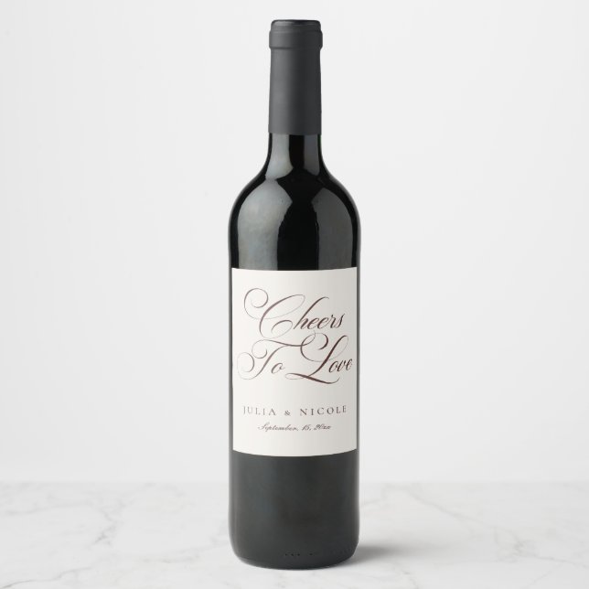Classic Ivory Brown Calligraphy Cheers Wedding Wine Label (Front)