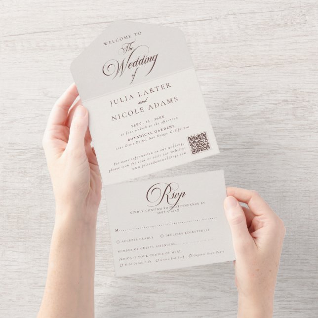 Classic Ivory Brown Calligraphy Wedding  All In One Invitation (Tearaway)