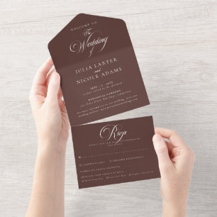 Classic Ivory Brown Calligraphy Wedding All In One Invitation