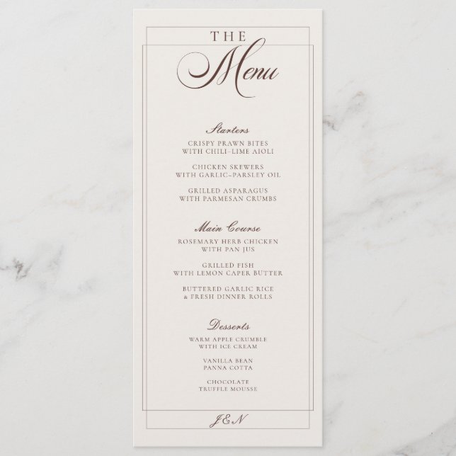 Classic Ivory Brown Calligraphy Wedding Menu (Front)