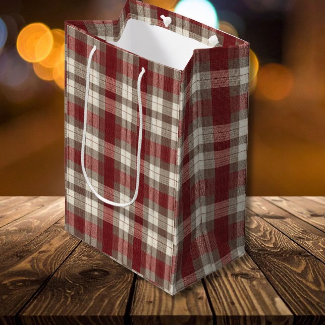 Classic Ivory Brown Rust Red Plaid Pattern Medium Gift Bag (Creator Uploaded)