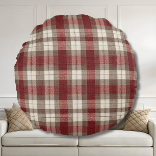 Classic Ivory Brown Rust Red Plaid Pattern Round Cushion