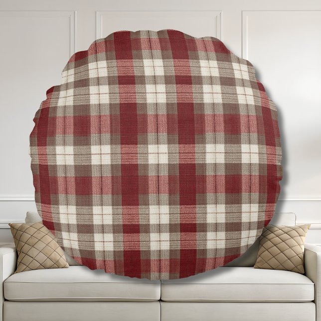 Classic Ivory Brown Rust Red Plaid Pattern Round Cushion (Creator Uploaded)