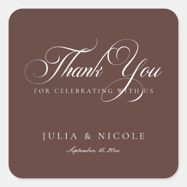 Classic Ivory Brown Script Calligraphy Wedding Square Sticker (Front)