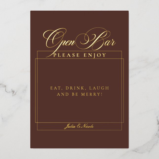 Classic Ivory Brown Wedding Open Bar Sign (Front)