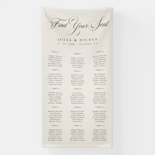 Classic Ivory Brown Wedding Seating Chart Sign (Vertical)