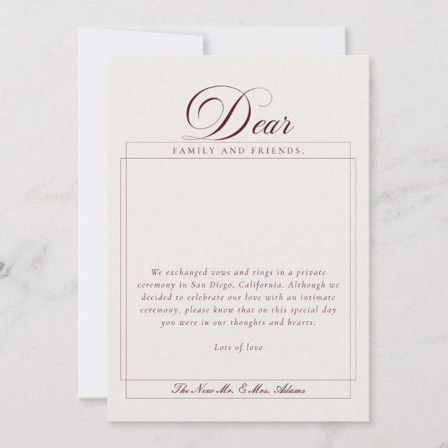 Classic Ivory Burgundy Calligraphy Announcements (Front)
