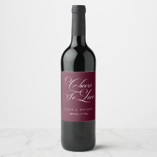 Classic Ivory Burgundy Calligraphy Cheers Wedding Wine Label