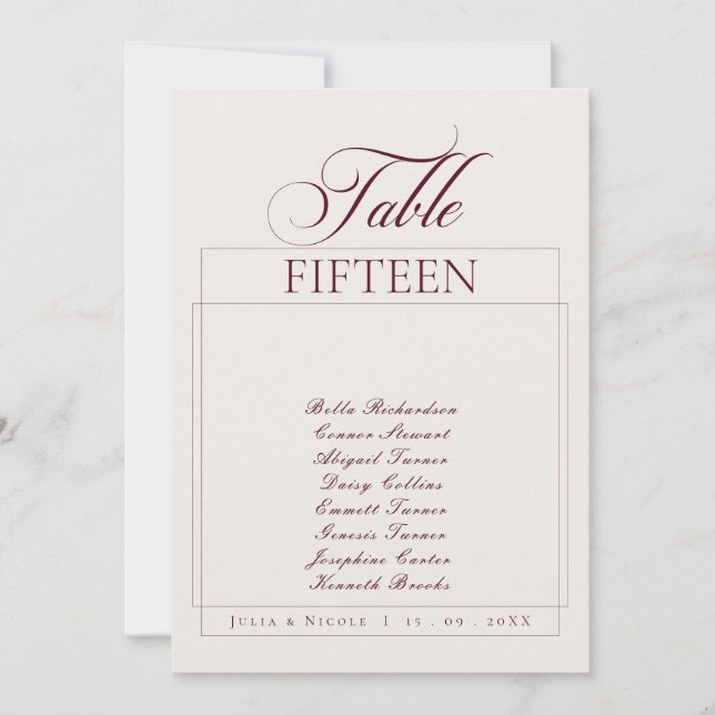 Classic Ivory Burgundy Calligraphy Table Number (Front)