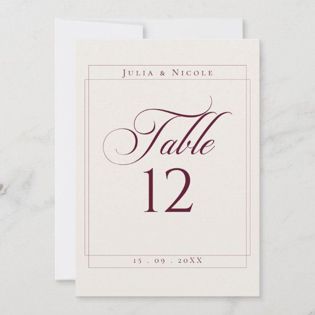 Classic Ivory Burgundy Calligraphy Table Number (Front)