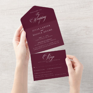 Classic Ivory Burgundy Calligraphy Wedding All In One Invitation