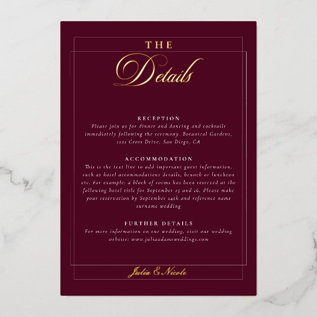 Classic Ivory Burgundy Calligraphy Wedding Details (Front)