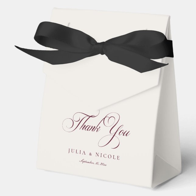 Classic Ivory Burgundy Calligraphy Wedding Thanks Favour Box (Front)