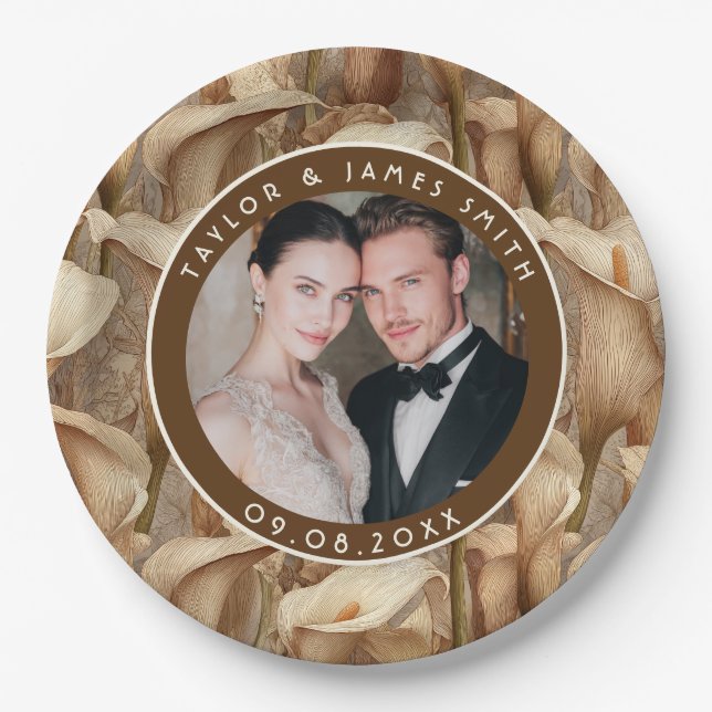 Classic Ivory Calla Lilies Sparkle Boho Wedding Paper Plate (Front)