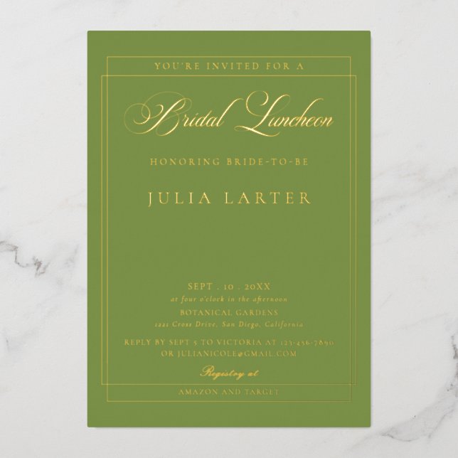 Classic Ivory Green Calligraphy Bridal Luncheon (Front)