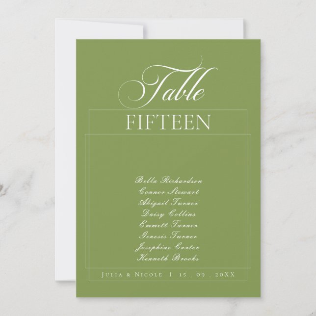 Classic Ivory Green Calligraphy Name Table Number (Front)