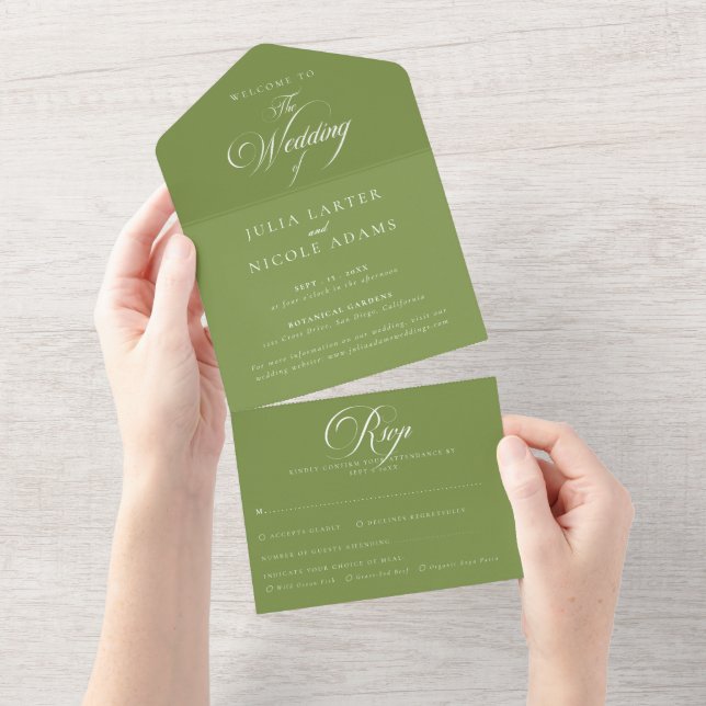 Classic Ivory Green Calligraphy Wedding  All In One Invitation (Tearaway)