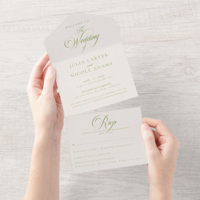 Classic Ivory Green Calligraphy Wedding  All In One Invitation (Tearaway)