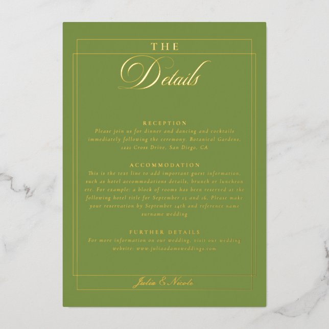 Classic Ivory Green Calligraphy Wedding Details (Front)