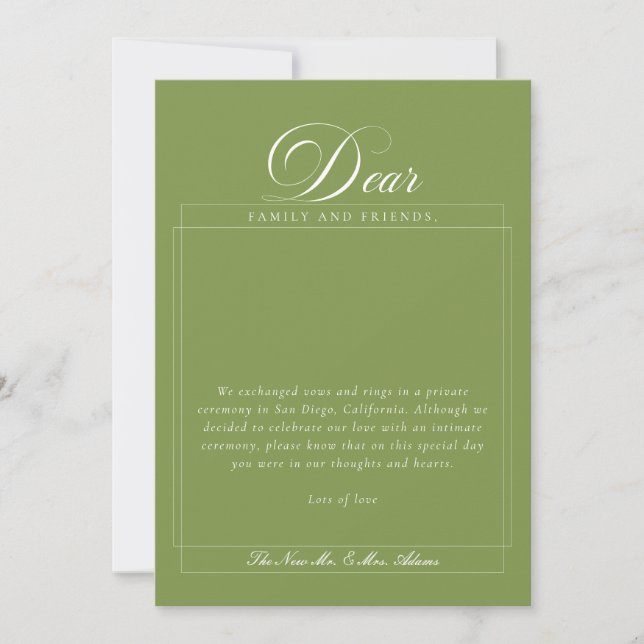 Classic Ivory Green Calligraphy Wedding Elopement Invitation (Front)