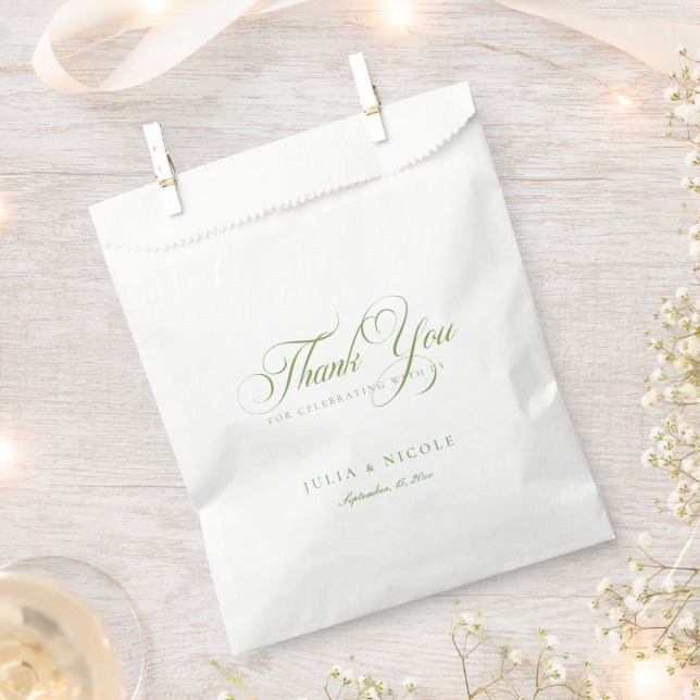 Classic Ivory Green Script Calligraphy Wedding Favour Bags (Clipped)