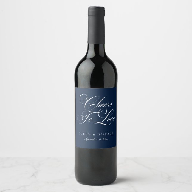 Classic Ivory Navy Blue Calligraphy Cheers Wedding Wine Label (Front)