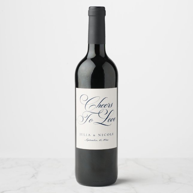 Classic Ivory Navy Blue Calligraphy Cheers Wedding Wine Label (Front)
