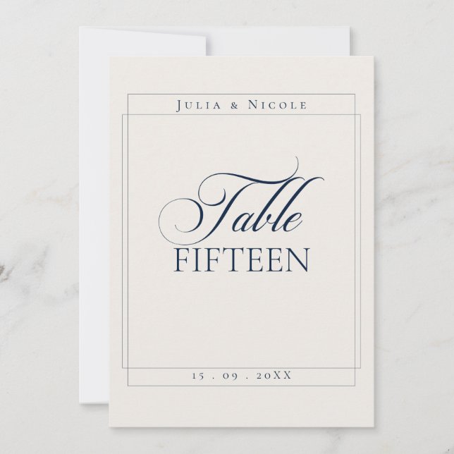 Classic Ivory Navy Blue Calligraphy Table Number (Front)