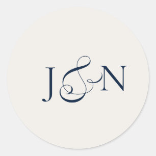 Classic Ivory Navy Blue Calligraphy Wedding Round Sticker