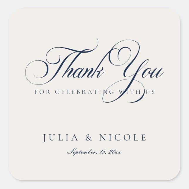 Classic Ivory Navy Blue Script Calligraphy Wedding Square Sticker (Front)
