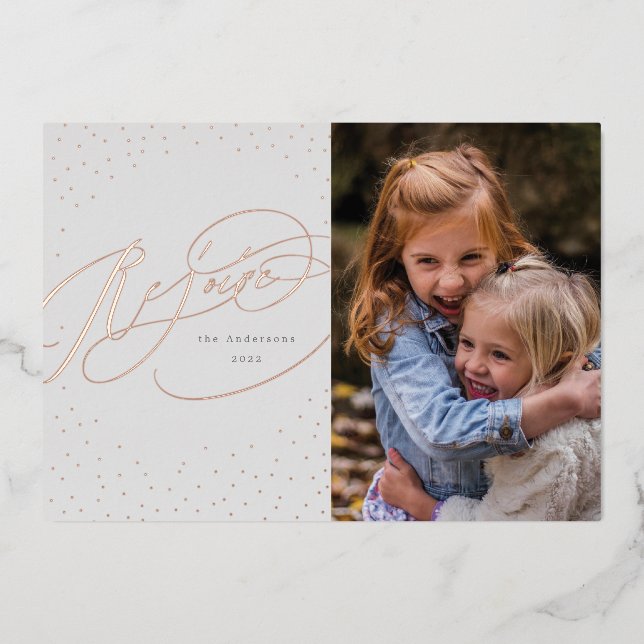 Classic Ivory Rejoice Religious Foil Holiday Card (Front)