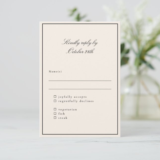 Classic Ivory Script Elegant Wedding Meal Choice  RSVP Card (Standing Front)