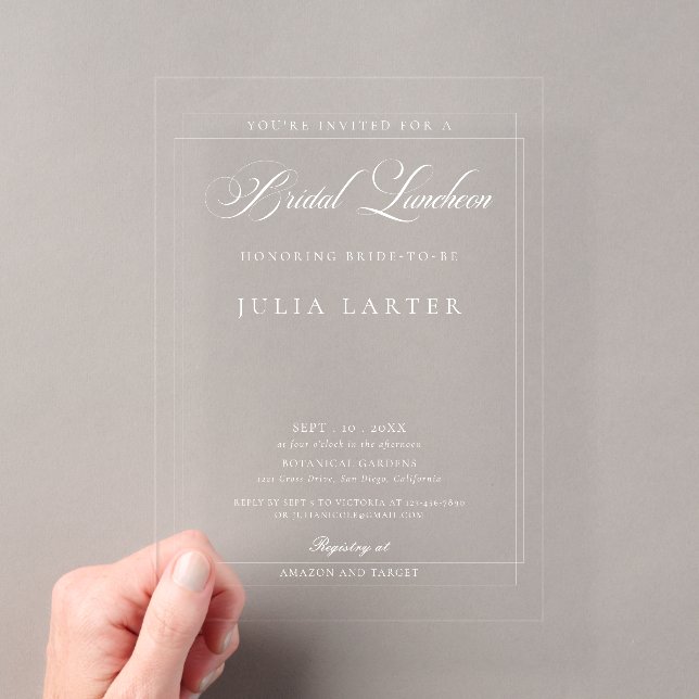 Classic Ivory White Calligraphy Bridal Luncheon Acrylic Invitations (Insitu (Handheld))