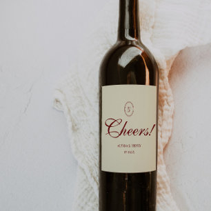Classic Ivory & Wine Red Script "Cheers!" Wedding Label