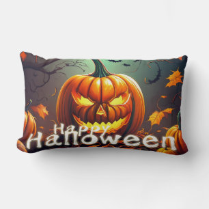 Classic Jack-o-Lantern Bats Twisted Tree Art Lumbar Cushion