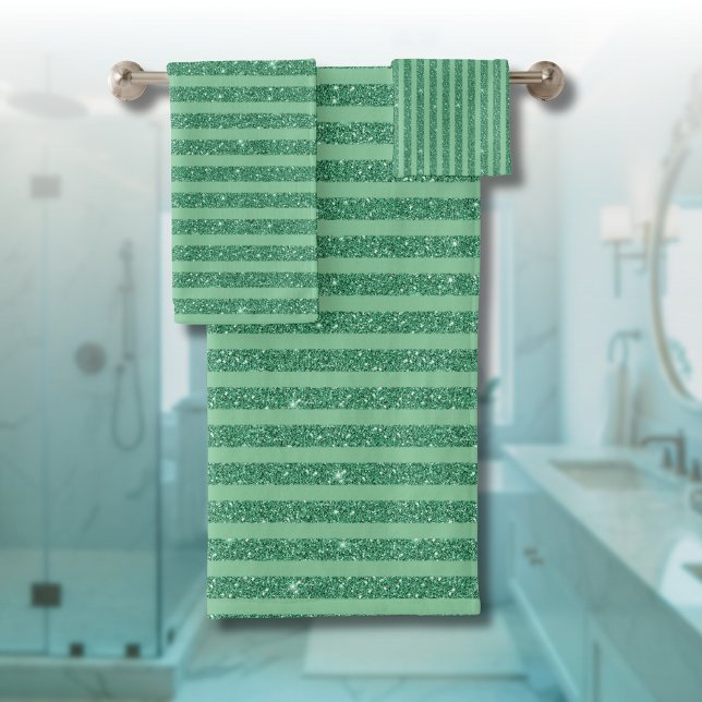 Classic Jade Green Glitter Style Vertical Stripes Bath Towel Set (Creator Uploaded)