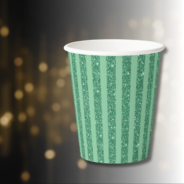 Classic Jade Green Glitter Style Vertical Stripes Paper Cups (Creator Uploaded)