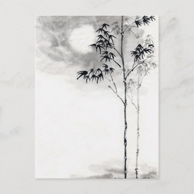 Classic  japanese sumi-e painting art bamboo moon postcard (Front)