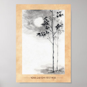 Classic japanese sumi-e painting art bamboo moon poster