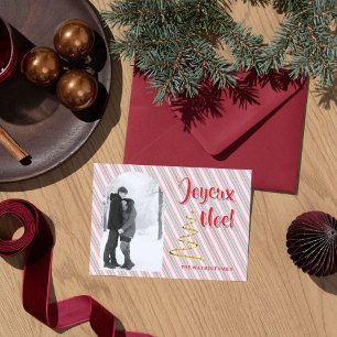 Classic Joyeux Noel Green Red Stripes Christmas Holiday Card