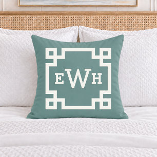 Classic Juniper Green Greek Key Monogram Initial Cushion