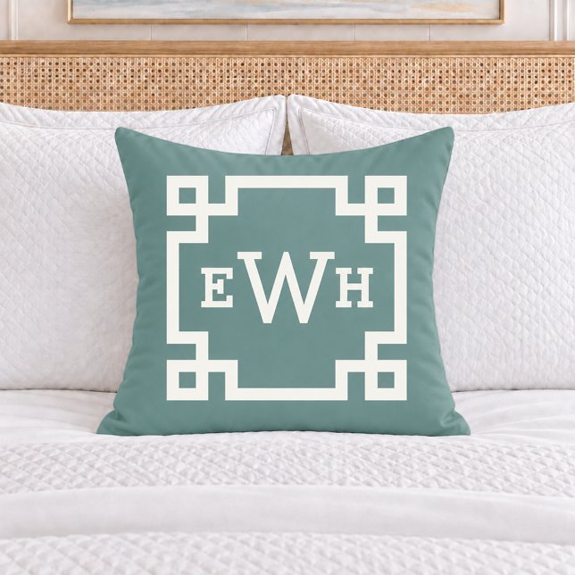 Classic Juniper Green Greek Key Monogram Initial Cushion (Creator Uploaded)