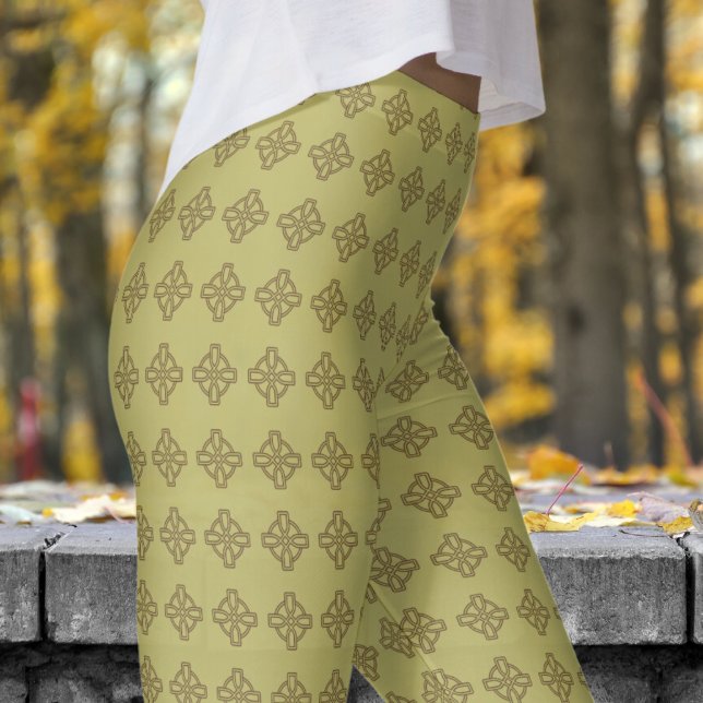 Classic Khaki Green Tribal Cross Pattern Leggings (Classic Khaki Green Tribal Cross Pattern Leggings)